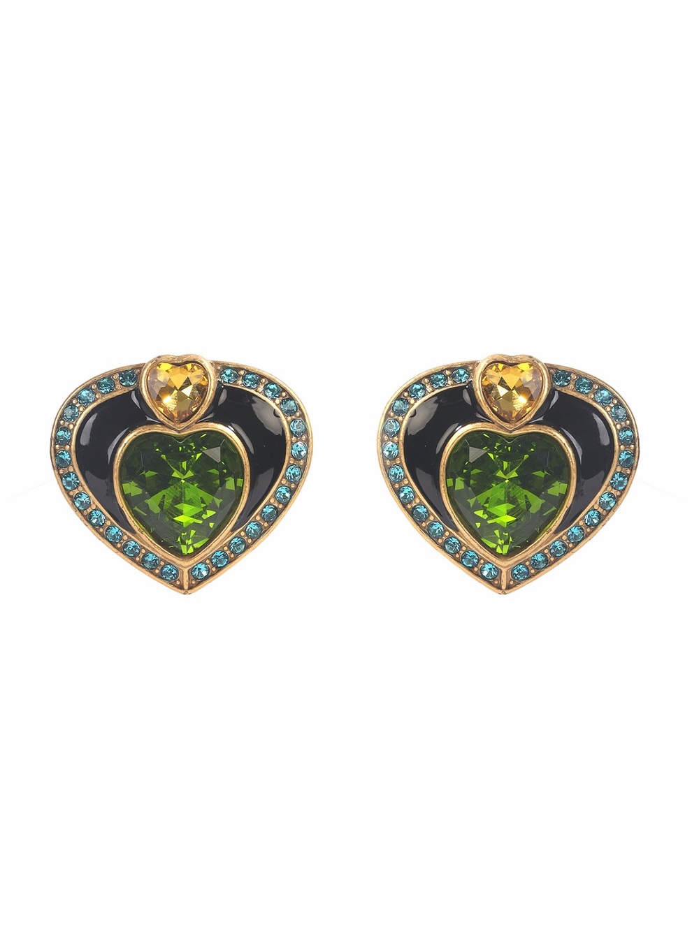 Gold-Tone Heart Stud Earrings with Green Crystal Center s925posts